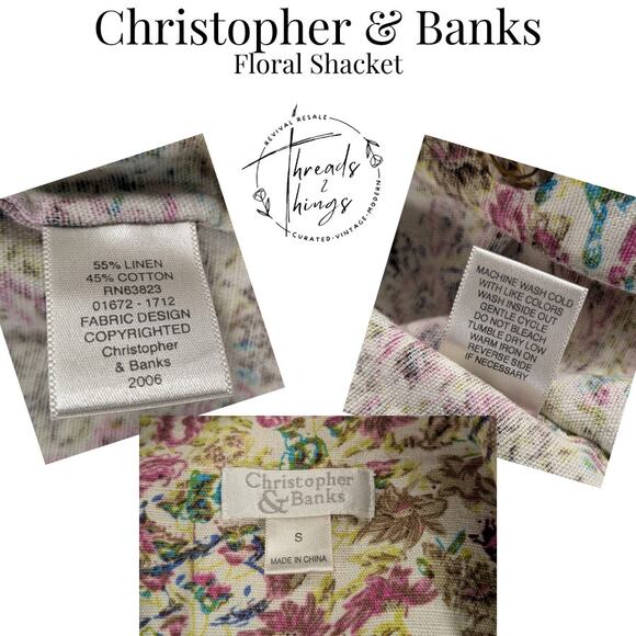 Christopher & Banks Top Women's Sm Floral Shacket Linen Cotton Maximalist Whimsy - Picture 11 of 12